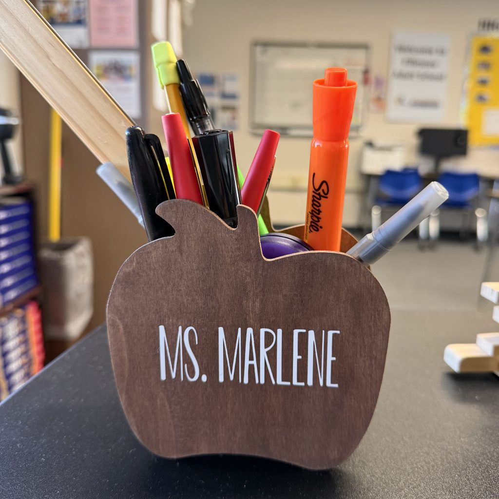 brown apple shaped pencil holder with name