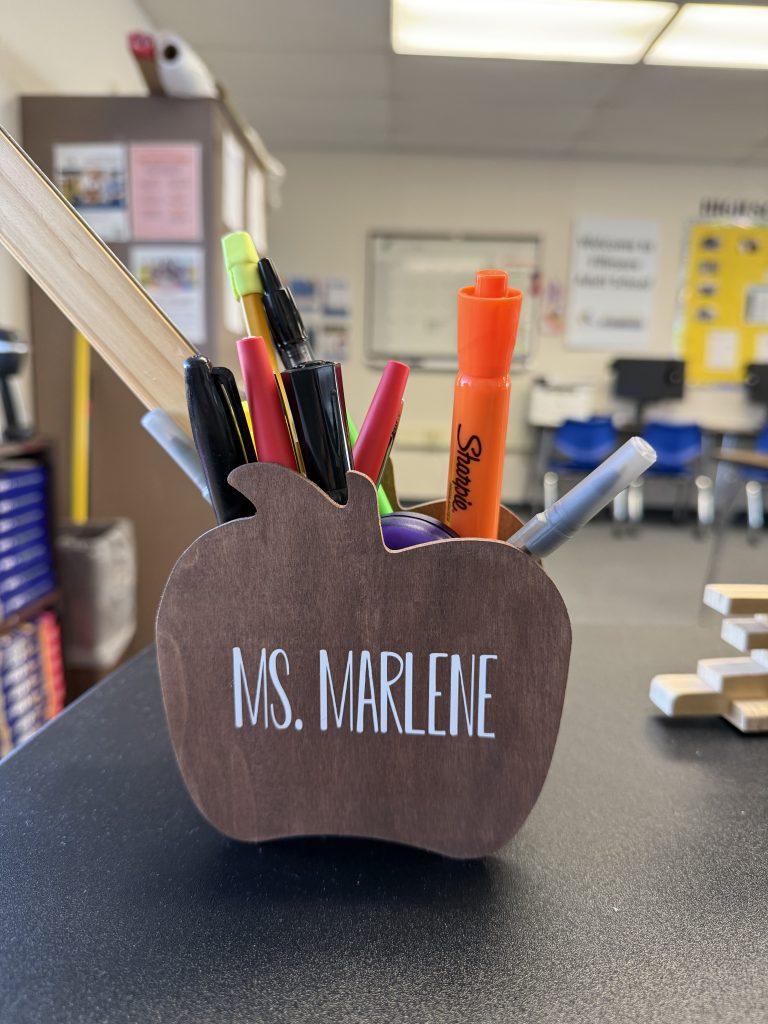 brown apple shaped pencil holder with name