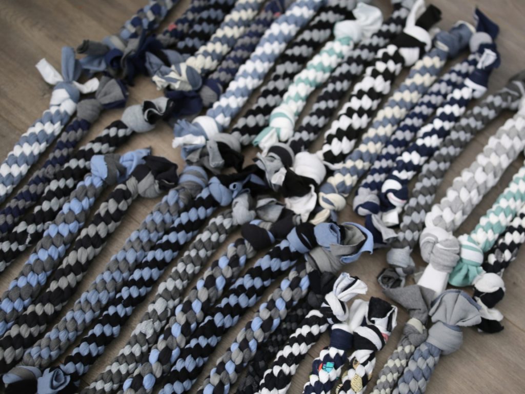 group of DIY dog toys from old t-shirts