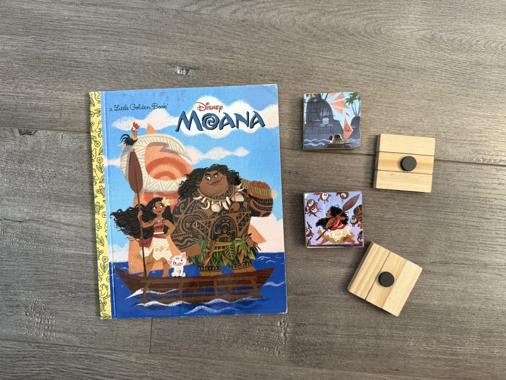 moana little golden book and DIY upcycled magnets