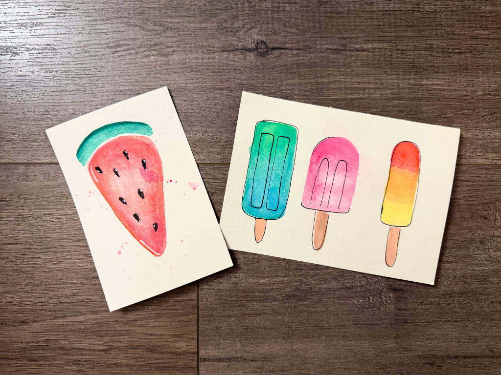 watermelon and popsicles watercolor postcards