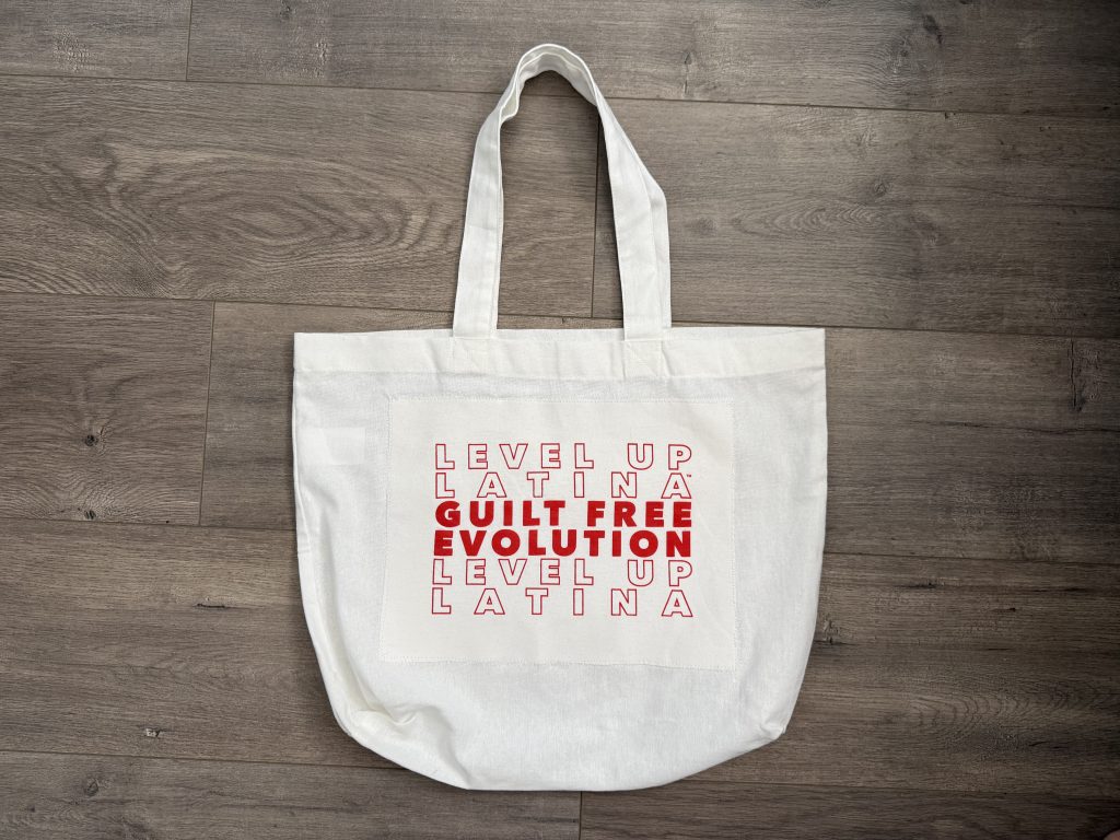 upcycled white Level Up Latina tote bag