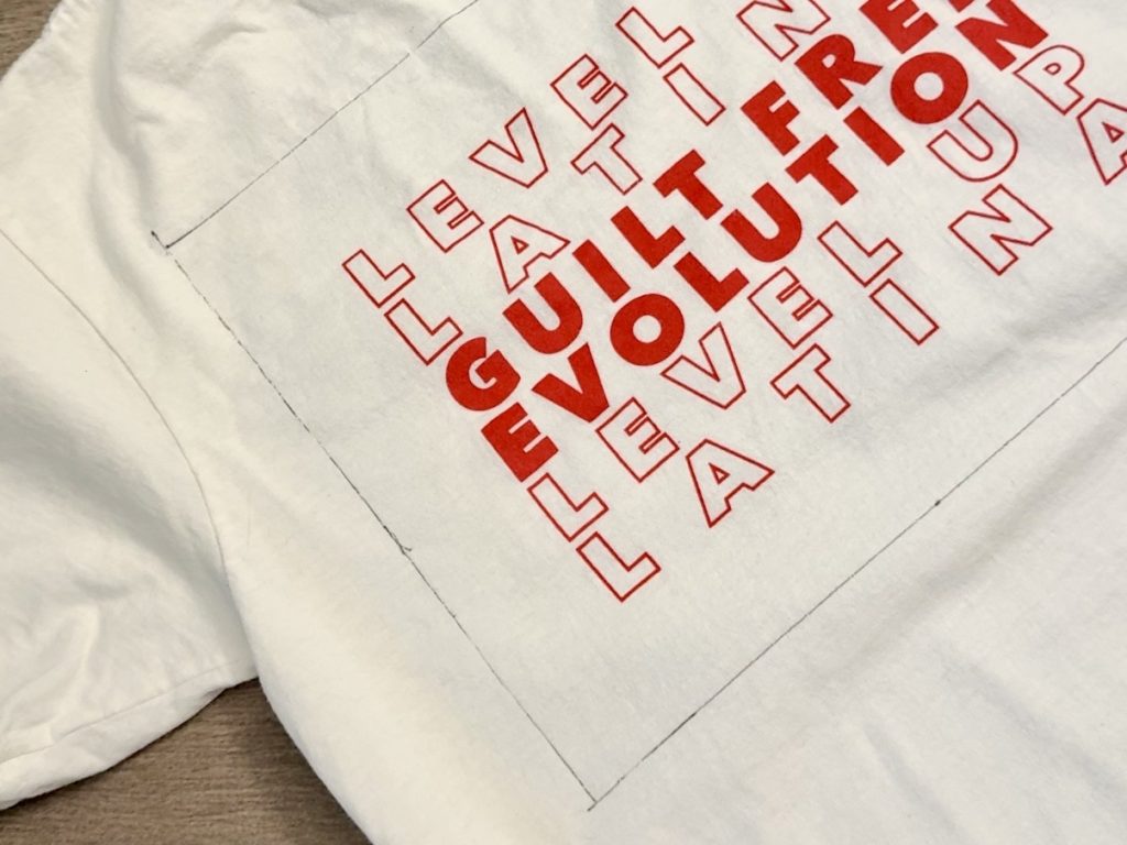 white Level Up Latina t-shirt with rectangle around design