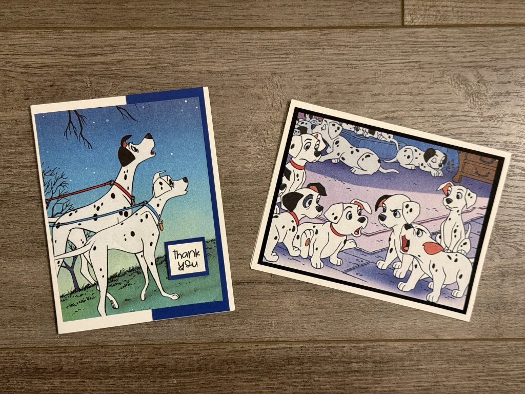 101 Dalmatians upcycled greeting cards on wood background