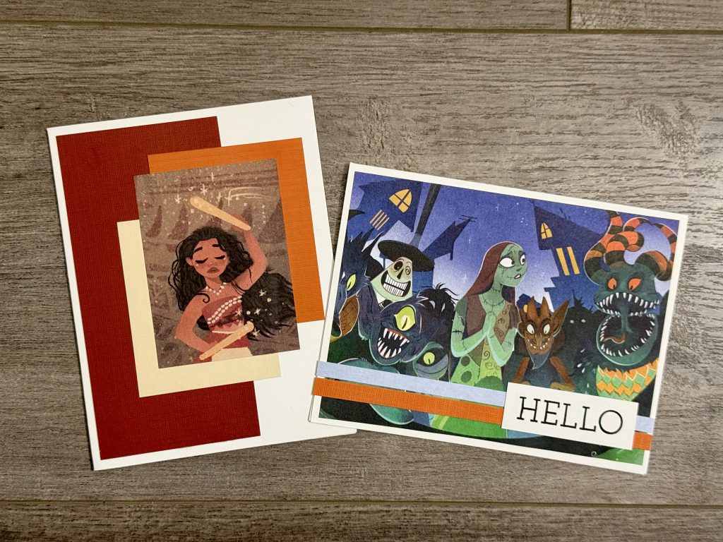 Disney upcycled greeting cards on wood background